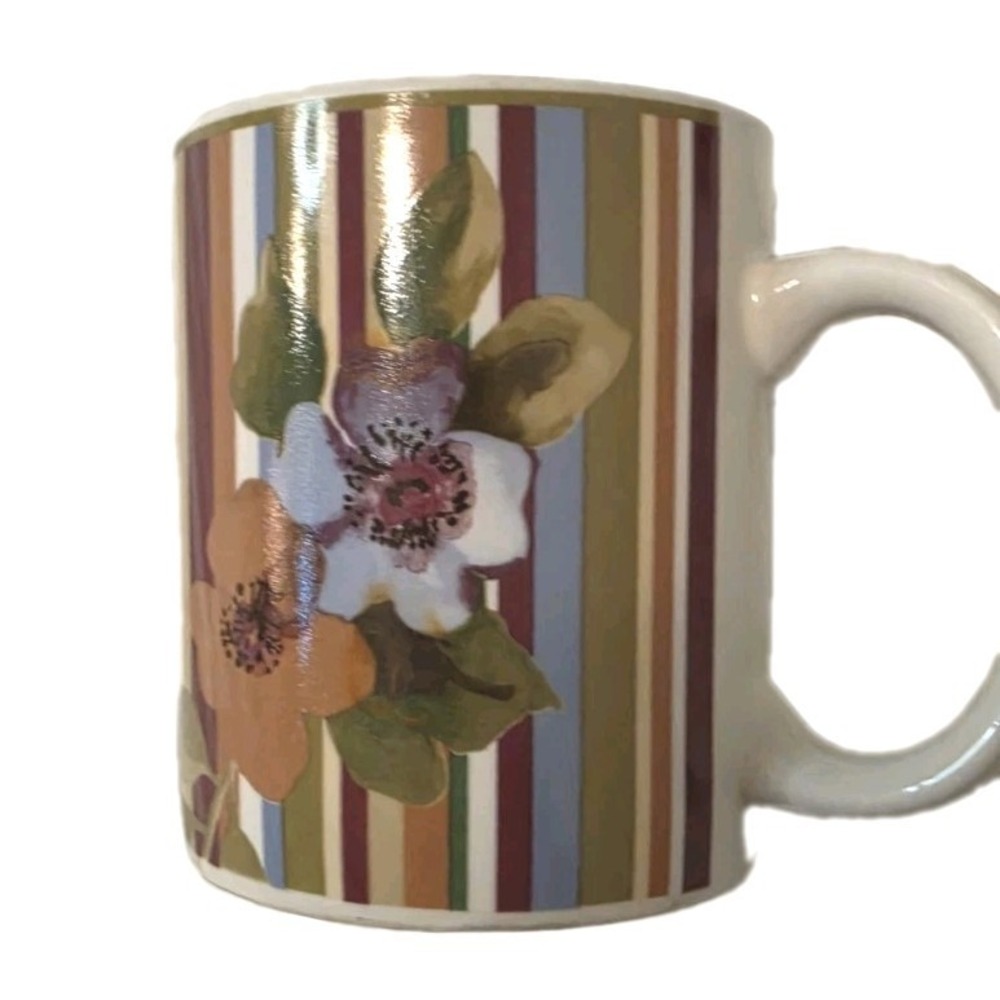 Vintage Laura Ashley Lifestyles Hampshire Floral Stripes Ceramic Coffee Mugs (2)